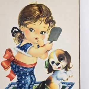 M Niubo S‎ Girl & Dog Picture Wall Hanging Laminated Lithogram Kitschy Cute
